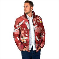 Hawaiian and Japanese Culture Together Padded Jacket Red Ohia Lehua Plumeria and Sakura Blooming - Polynesian Pride