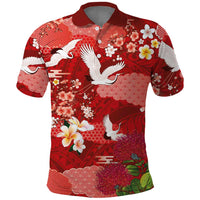Hawaiian and Japanese Culture Together Polo Shirt Red Ohia Lehua Plumeria and Sakura Blooming LT03 Red - Polynesian Pride