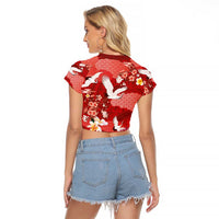 Hawaiian and Japanese Culture Together Raglan Cropped T Shirt Red Ohia Lehua Plumeria and Sakura Blooming LT03 - Polynesian Pride