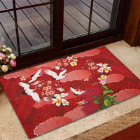 Hawaiian and Japanese Culture Together Rubber Doormat Red Ohia Lehua Plumeria and Sakura Blooming - Polynesian Pride