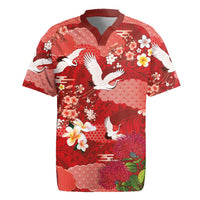 Hawaiian and Japanese Culture Together Rugby Jersey Red Ohia Lehua Plumeria and Sakura Blooming - Polynesian Pride