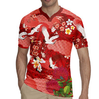 Hawaiian and Japanese Culture Together Rugby Jersey Red Ohia Lehua Plumeria and Sakura Blooming LT03 - Polynesian Pride