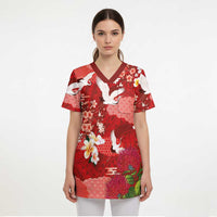 Hawaiian and Japanese Culture Together Scrub Top Red Ohia Lehua Plumeria and Sakura Blooming - Polynesian Pride