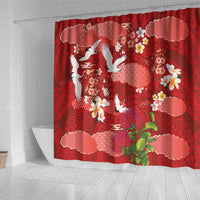 Hawaiian and Japanese Culture Together Shower Curtain Red Ohia Lehua Plumeria and Sakura Blooming - Polynesian Pride