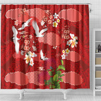 Hawaiian and Japanese Culture Together Shower Curtain Red Ohia Lehua Plumeria and Sakura Blooming - Polynesian Pride