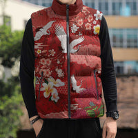 Hawaiian and Japanese Culture Together Sleeveless Puffer Jacket Red Ohia Lehua Plumeria and Sakura Blooming - Polynesian Pride