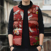 Hawaiian and Japanese Culture Together Sleeveless Puffer Jacket Red Ohia Lehua Plumeria and Sakura Blooming - Polynesian Pride