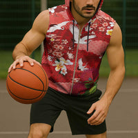 Hawaiian and Japanese Culture Together Sleeveless Zip Hoodie Red Ohia Lehua Plumeria and Sakura Blooming - Polynesian Pride