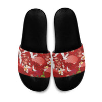 Hawaiian and Japanese Culture Together Slide Sandals Red Ohia Lehua Plumeria and Sakura Blooming - Polynesian Pride