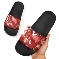 Hawaiian and Japanese Culture Together Slide Sandals Red Ohia Lehua Plumeria and Sakura Blooming - Polynesian Pride