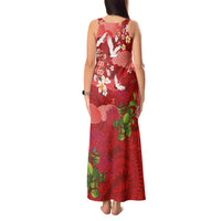 Hawaiian and Japanese Culture Together Tank Maxi Dress Red Ohia Lehua Plumeria and Sakura Blooming - Polynesian Pride
