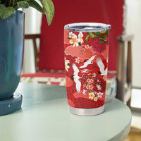 Hawaiian and Japanese Culture Together Tumbler Cup Red Ohia Lehua Plumeria and Sakura Blooming - Polynesian Pride