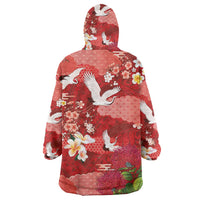 Hawaiian and Japanese Culture Together Wearable Blanket Hoodie Red Ohia Lehua Plumeria and Sakura Blooming - Polynesian Pride