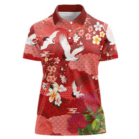 Hawaiian and Japanese Culture Together Women Polo Shirt Red Ohia Lehua Plumeria and Sakura Blooming LT03 Female Red - Polynesian Pride