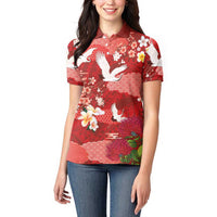Hawaiian and Japanese Culture Together Women Polo Shirt Red Ohia Lehua Plumeria and Sakura Blooming LT03 - Polynesian Pride