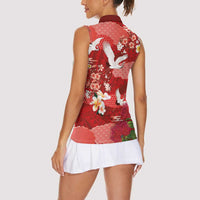 Hawaiian and Japanese Culture Together Women Sleeveless Polo Shirt Red Ohia Lehua Plumeria and Sakura Blooming - Polynesian Pride