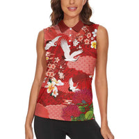 Hawaiian and Japanese Culture Together Women Sleeveless Polo Shirt Red Ohia Lehua Plumeria and Sakura Blooming - Polynesian Pride