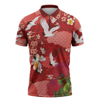 Hawaiian and Japanese Culture Together Zipper Polo Shirt Red Ohia Lehua Plumeria and Sakura Blooming - Polynesian Pride