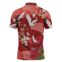 Hawaiian and Japanese Culture Together Zipper Polo Shirt Red Ohia Lehua Plumeria and Sakura Blooming LT03 - Polynesian Pride