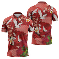 Hawaiian and Japanese Culture Together Zipper Polo Shirt Red Ohia Lehua Plumeria and Sakura Blooming LT03 - Polynesian Pride