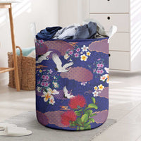 Hawaiian and Japanese Culture Together Laundry Basket Blue Ohia Lehua Plumeria and Sakura Blooming - Polynesian Pride