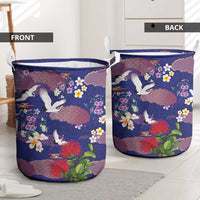 Hawaiian and Japanese Culture Together Laundry Basket Blue Ohia Lehua Plumeria and Sakura Blooming - Polynesian Pride