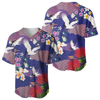 Hawaiian and Japanese Culture Together Baseball Jersey Blue Ohia Lehua Plumeria and Sakura Blooming LT03 - Polynesian Pride