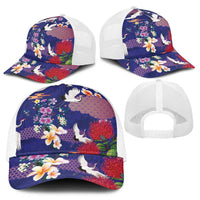 Hawaiian and Japanese Culture Together Baseball Net Cap Blue Ohia Lehua Plumeria and Sakura Blooming - Polynesian Pride