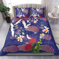 Hawaiian and Japanese Culture Together Bedding Set Blue Ohia Lehua Plumeria and Sakura Blooming - Polynesian Pride