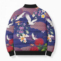 Hawaiian and Japanese Culture Together Bomber Puffer Jacket Blue Ohia Lehua Plumeria and Sakura Blooming - Polynesian Pride
