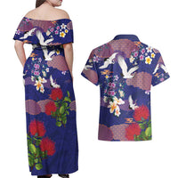 Hawaiian and Japanese Culture Together Couples Matching Off Shoulder Maxi Dress and Hawaiian Shirt Blue Ohia Lehua Plumeria and Sakura Blooming LT03 - Polynesian Pride
