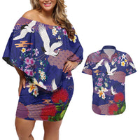 Hawaiian and Japanese Culture Together Couples Matching Off Shoulder Short Dress and Hawaiian Shirt Blue Ohia Lehua Plumeria and Sakura Blooming - Polynesian Pride