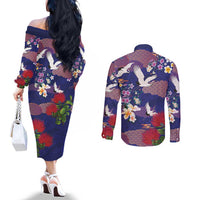 Hawaiian and Japanese Culture Together Couples Matching Off The Shoulder Long Sleeve Dress and Long Sleeve Button Shirt Blue Ohia Lehua Plumeria and Sakura Blooming - Polynesian Pride
