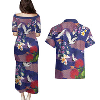 Hawaiian and Japanese Culture Together Couples Matching Puletasi and Hawaiian Shirt Blue Ohia Lehua Plumeria and Sakura Blooming LT03 - Polynesian Pride