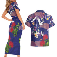 Hawaiian and Japanese Culture Together Couples Matching Short Sleeve Bodycon Dress and Hawaiian Shirt Blue Ohia Lehua Plumeria and Sakura Blooming - Polynesian Pride