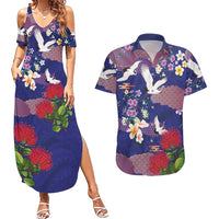 Hawaiian and Japanese Culture Together Couples Matching Summer Maxi Dress and Hawaiian Shirt Blue Ohia Lehua Plumeria and Sakura Blooming LT03 Blue - Polynesian Pride