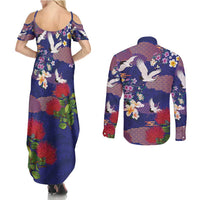 Hawaiian and Japanese Culture Together Couples Matching Summer Maxi Dress and Long Sleeve Button Shirt Blue Ohia Lehua Plumeria and Sakura Blooming LT03 - Polynesian Pride