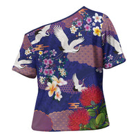 Hawaiian and Japanese Culture Together Cross Shoulder Shirt Blue Ohia Lehua Plumeria and Sakura Blooming - Polynesian Pride