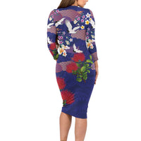 Hawaiian and Japanese Culture Together Family Matching Long Sleeve Bodycon Dress and Hawaiian Shirt Blue Ohia Lehua Plumeria and Sakura Blooming - Polynesian Pride