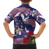 Hawaiian and Japanese Culture Together Family Matching Off The Shoulder Long Sleeve Dress and Hawaiian Shirt Blue Ohia Lehua Plumeria and Sakura Blooming LT03 - Polynesian Pride