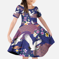 Hawaiian and Japanese Culture Together Family Matching Off The Shoulder Long Sleeve Dress and Hawaiian Shirt Blue Ohia Lehua Plumeria and Sakura Blooming LT03 Daughter's Dress Blue - Polynesian Pride