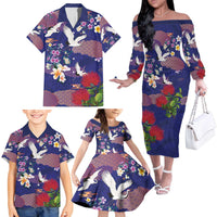 Hawaiian and Japanese Culture Together Family Matching Off The Shoulder Long Sleeve Dress and Hawaiian Shirt Blue Ohia Lehua Plumeria and Sakura Blooming LT03 - Polynesian Pride