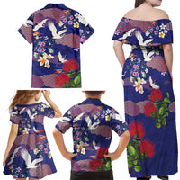 Hawaiian and Japanese Culture Together Family Matching Off Shoulder Maxi Dress and Hawaiian Shirt Blue Ohia Lehua Plumeria and Sakura Blooming LT03 - Polynesian Pride