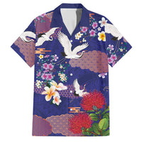 Hawaiian and Japanese Culture Together Family Matching Off Shoulder Maxi Dress and Hawaiian Shirt Blue Ohia Lehua Plumeria and Sakura Blooming LT03 Dad's Shirt - Short Sleeve Blue - Polynesian Pride