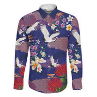 Hawaiian and Japanese Culture Together Family Matching Off Shoulder Maxi Dress and Hawaiian Shirt Blue Ohia Lehua Plumeria and Sakura Blooming LT03 Dad's Shirt - Long Sleeve Blue - Polynesian Pride