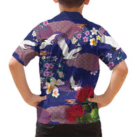 Hawaiian and Japanese Culture Together Family Matching Off Shoulder Short Dress and Hawaiian Shirt Blue Ohia Lehua Plumeria and Sakura Blooming LT03 - Polynesian Pride