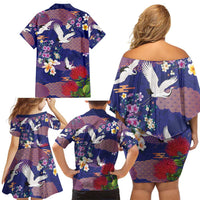 Hawaiian and Japanese Culture Together Family Matching Off Shoulder Short Dress and Hawaiian Shirt Blue Ohia Lehua Plumeria and Sakura Blooming - Polynesian Pride