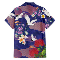 Hawaiian and Japanese Culture Together Family Matching Off Shoulder Short Dress and Hawaiian Shirt Blue Ohia Lehua Plumeria and Sakura Blooming LT03 - Polynesian Pride