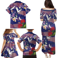 Hawaiian and Japanese Culture Together Family Matching Puletasi and Hawaiian Shirt Blue Ohia Lehua Plumeria and Sakura Blooming LT03 - Polynesian Pride