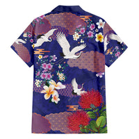 Hawaiian and Japanese Culture Together Family Matching Short Sleeve Bodycon Dress and Hawaiian Shirt Blue Ohia Lehua Plumeria and Sakura Blooming - Polynesian Pride
